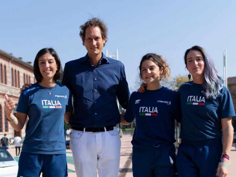 Monica Contrafatto, John Elkann, Ambra Sabatini and Martina Caironi pose for a photo during the Italian Tech Week on September 24, 2021 in Turin, Italy. Italian Tech Week is a festival of technology and resources in support of future technology