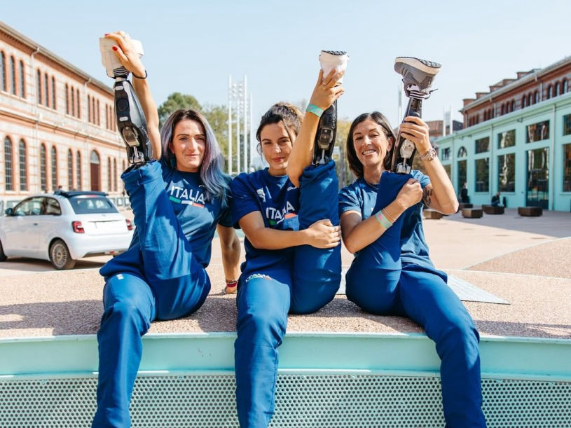 Italian Paralympic athletes Martina Caironi, Ambra Sabatini and Monica Graziana Contrafatto pose for photos during the Italian Tech Week on September 24, 2021 in Turin, Italy. Italian Tech Week is a festival of technology and resources in support of future technology