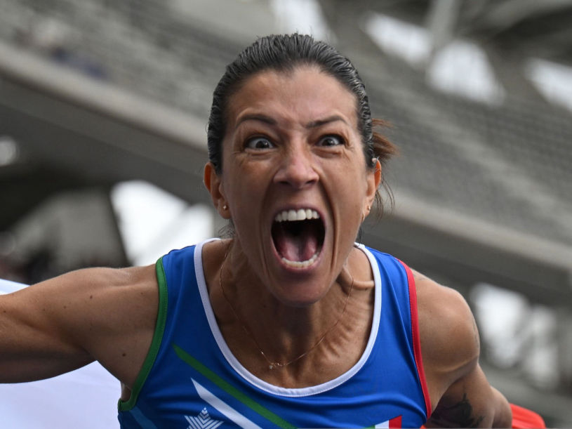 Monica Graziana Contrafatto of Italy celebrate after the Women's 100m T63 Final during day six of the Para Athletics World Championships Paris 2023 at Stade Charlety on July 13, 2023 in Paris, France